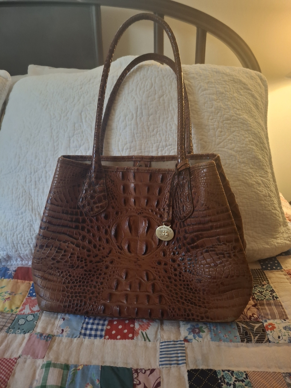 Brahmin Croc-Embossed Shoulder Tote in Pecan Melbourne